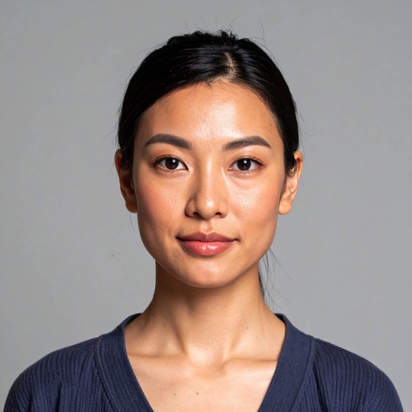 Portrait photo of Aiko Tanaka, a serene Japanese woman in her early 30s with her hair in a low bun, minimal makeup, and a calm expression.