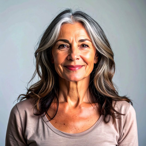 Portrait photo of Grace Thompson, a woman in her 60s with long gray and brown hair, wearing a light top and smiling warmly.
