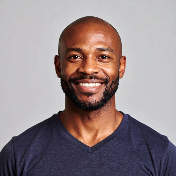 Portrait photo of Jamal Okoro, a smiling bald man with a short beard and athletic build, in a dark t-shirt against a neutral background.