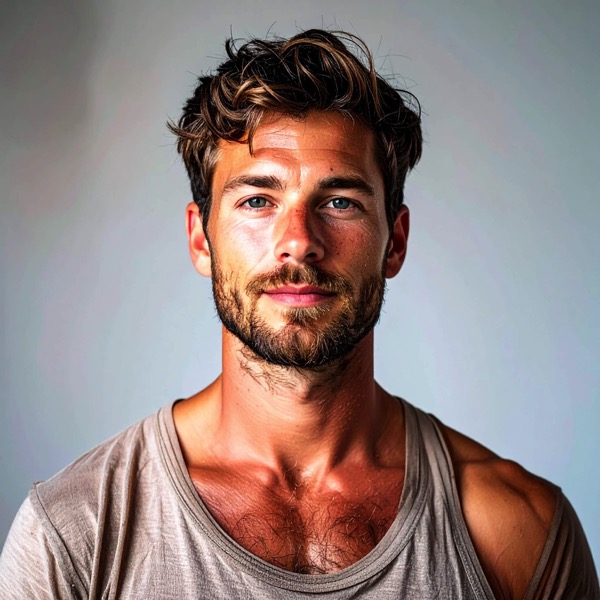 Portrait photo of Jonas Mueller, a fit man in his 30s with tousled brown hair and stubble, wearing a scoop-neck tank top.
