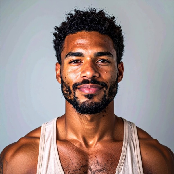 Portrait photo of Malik Diarra, a confident man in a sleeveless shirt with curly hair and a short beard.