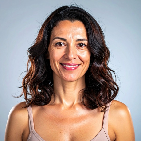 Portrait photo of Maria Torres, a cheerful woman with shoulder-length wavy hair, wearing a neutral tank top, smiling with warmth.