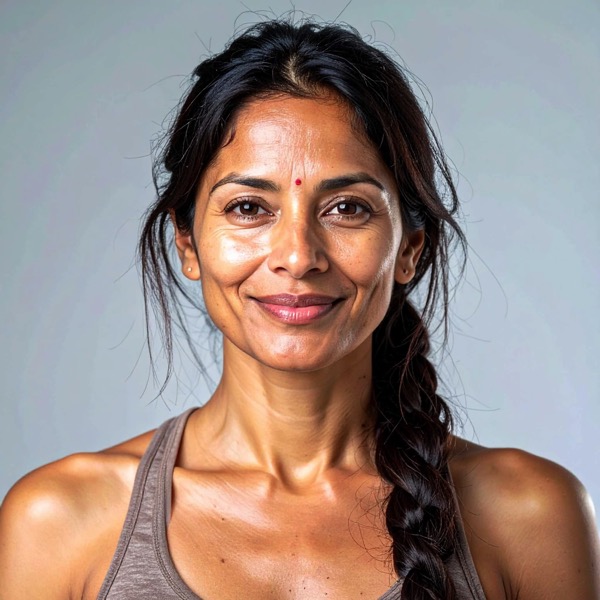 Portrait photo of Priya Desai, a South Asian woman with a long braid, wearing a tank top and a small red bindi, with a calm smiling expression.