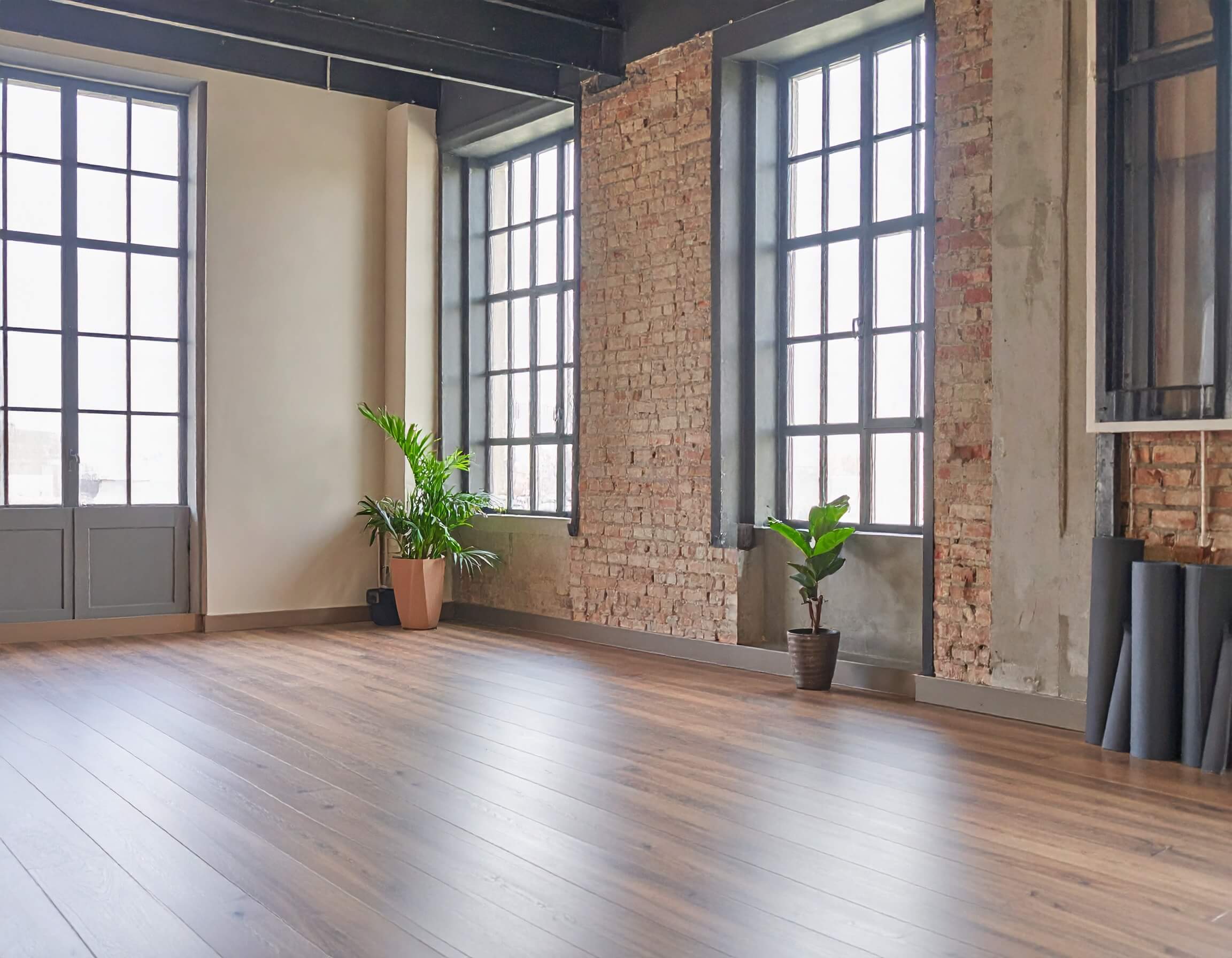 The Earth room. Spacious yoga room with exposed brick wall, tall black-framed windows, warm wooden floor, and two large potted plants in soft daylight.