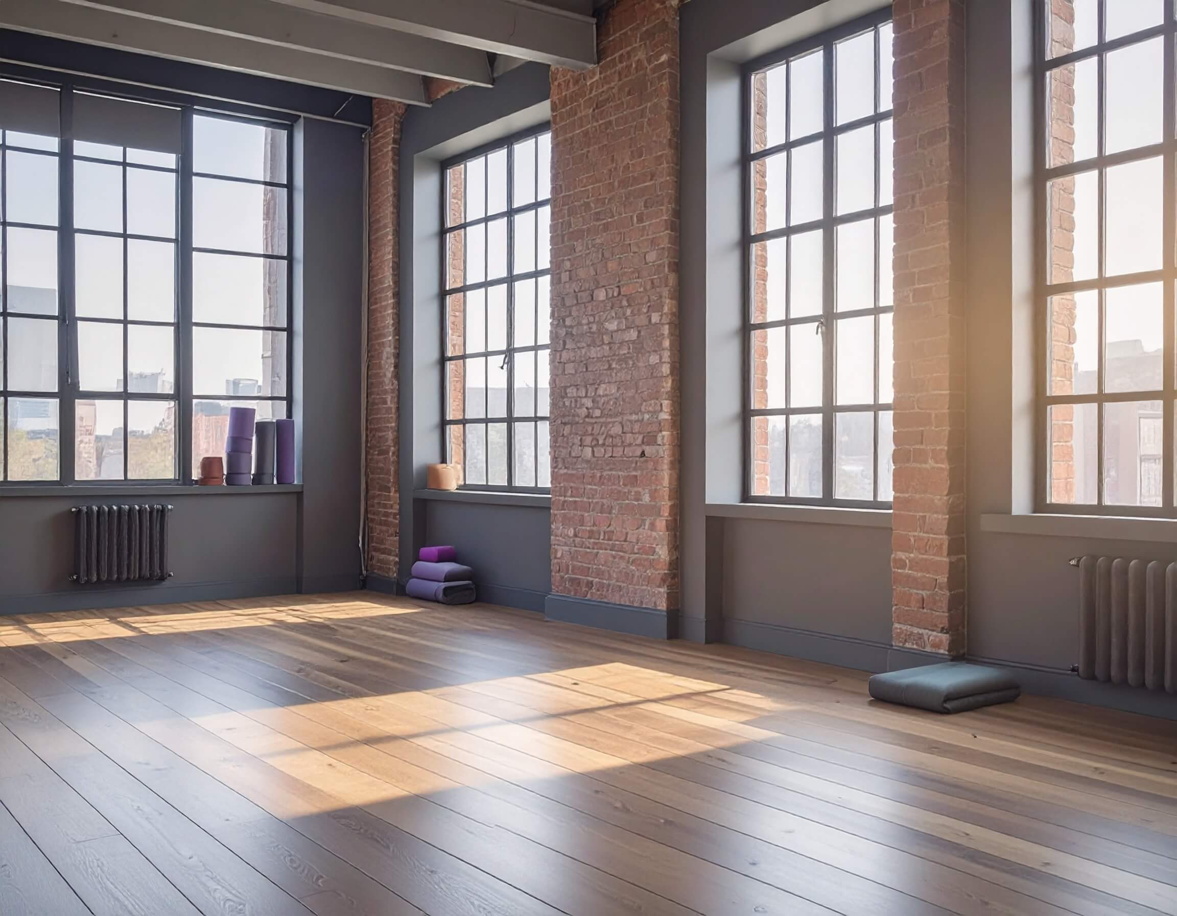 The Fire room. Sunlit yoga studio with red brick walls, large industrial-style windows, wooden flooring, and yoga mats stacked near the corner.