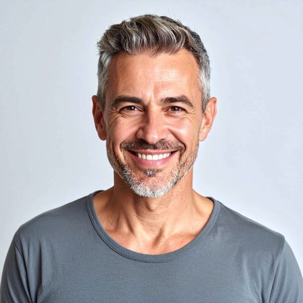Portrait photo of Svend Lund, a middle-aged man with salt-and-pepper hair and a trimmed beard, wearing a gray shirt and smiling broadly.