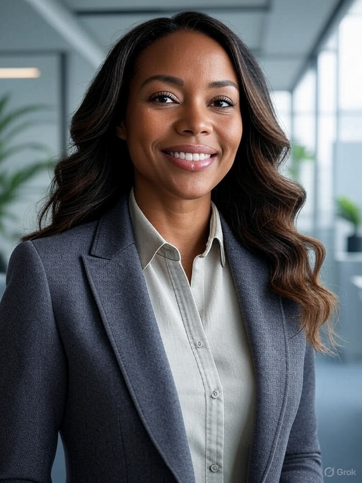 Smiling woman with long wavy hair in a gray blazer and light blouse, standing in a bright office with soft natural light and plants in the background.