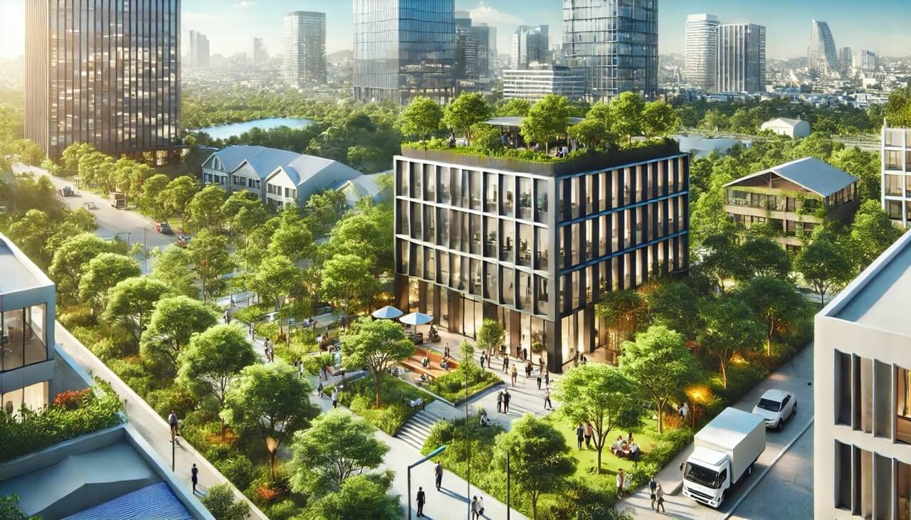 Modern cityscape with glass buildings surrounded by greenery, a rooftop terrace, and people walking and sitting in a lush urban park.