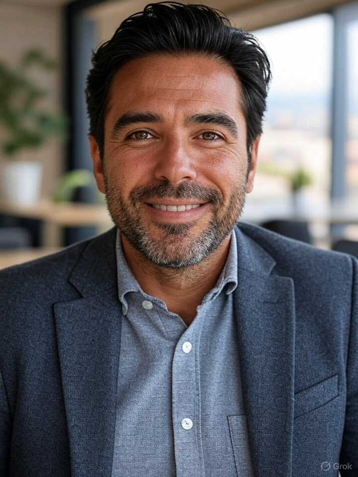 Man with dark hair and beard, wearing a gray blazer and light shirt, smiling in a modern coworking space with large windows.