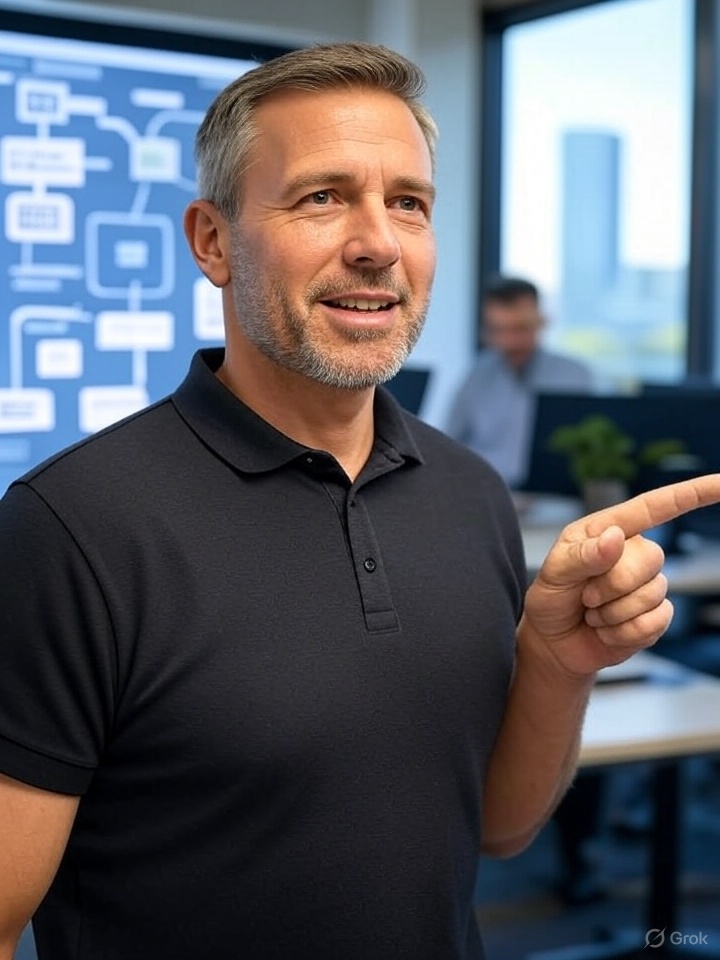 Man with short gray hair and trimmed beard, wearing a dark polo shirt, gesturing while standing in front of a blurred digital flowchart display.