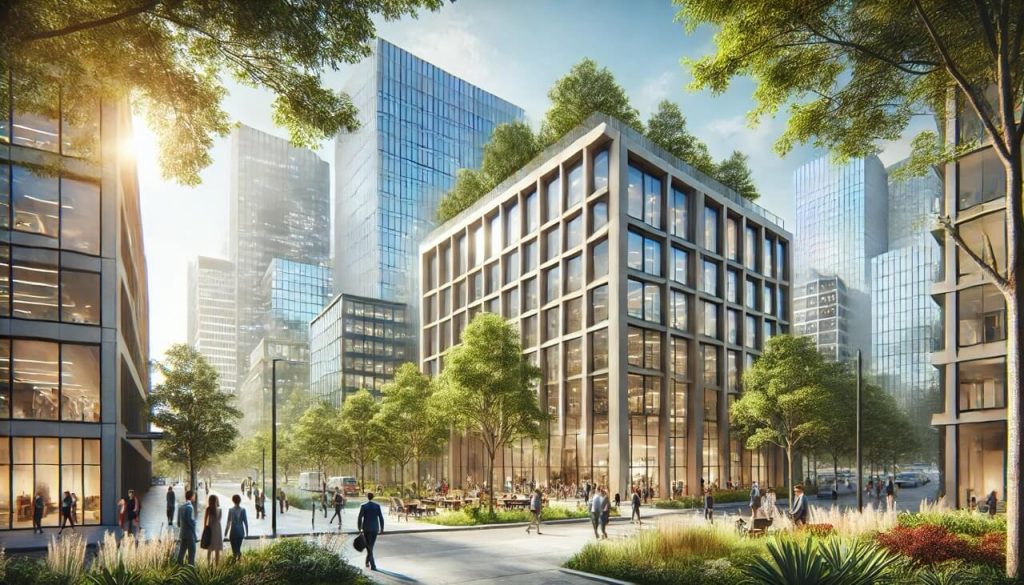 Modern glass skyscrapers with sharp architecture and rooftop gardens, lining wide walkways with palm-lined landscaping in a futuristic business zone.