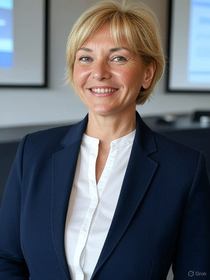 Blonde woman in a navy blazer and white blouse, smiling warmly in front of a projection screen in a modern conference room.