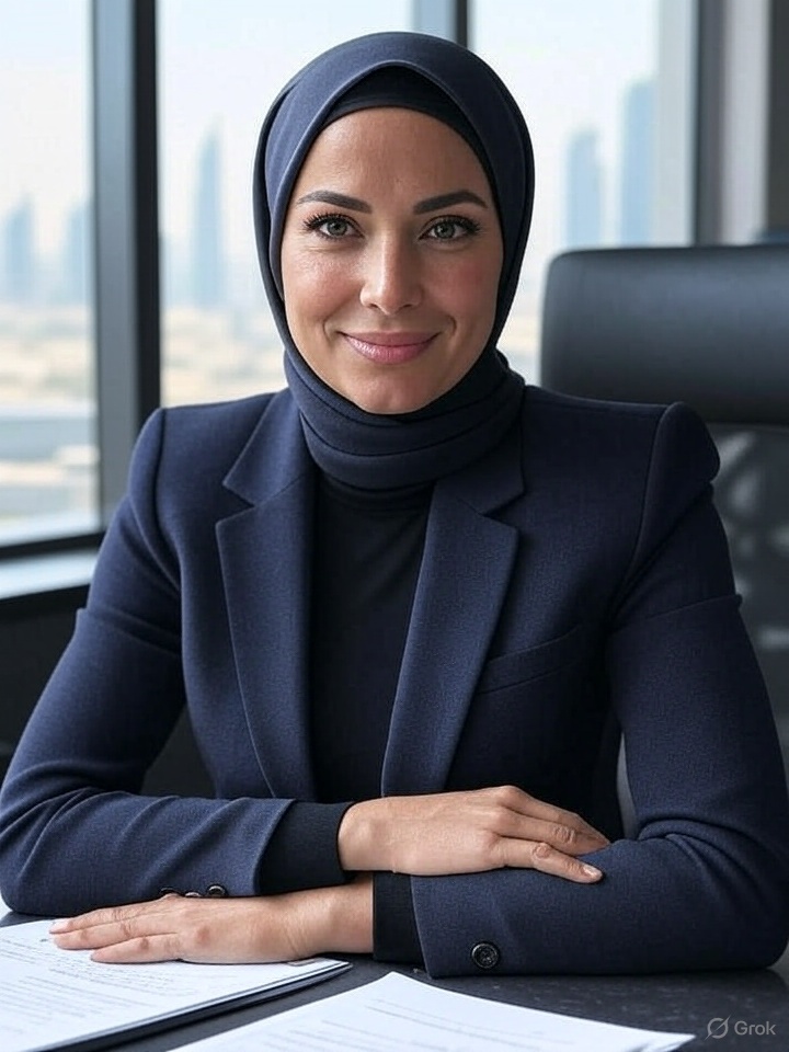 Confident woman wearing a dark hijab and blazer, seated at a desk in a modern office with large windows and a city skyline in the background.