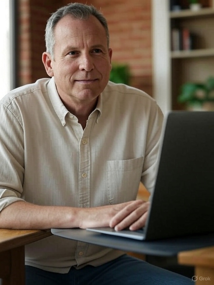 Mature man in a light shirt seated at a wooden desk with a laptop, smiling slightly, in a cozy workspace with exposed brick and bookshelf behind him.