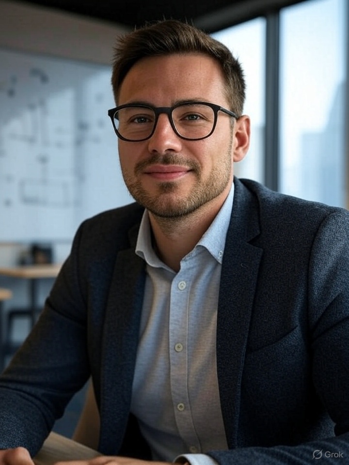 Man with glasses and short hair, wearing a blazer and light shirt, seated in a modern meeting room with a whiteboard wall behind him.