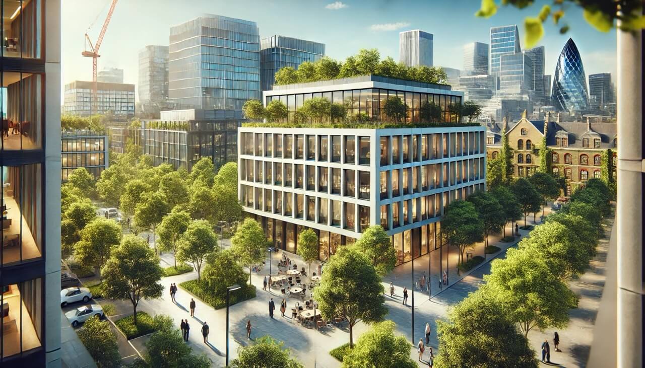 Tree-lined avenue leading to a striking glass building with rooftop vegetation, nestled between historic architecture and a skyline of modern towers.