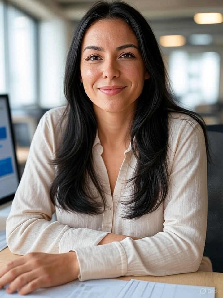 Woman with long black hair in a light blouse, seated in a bright office with monitors in the background, smiling slightly with a calm expression.