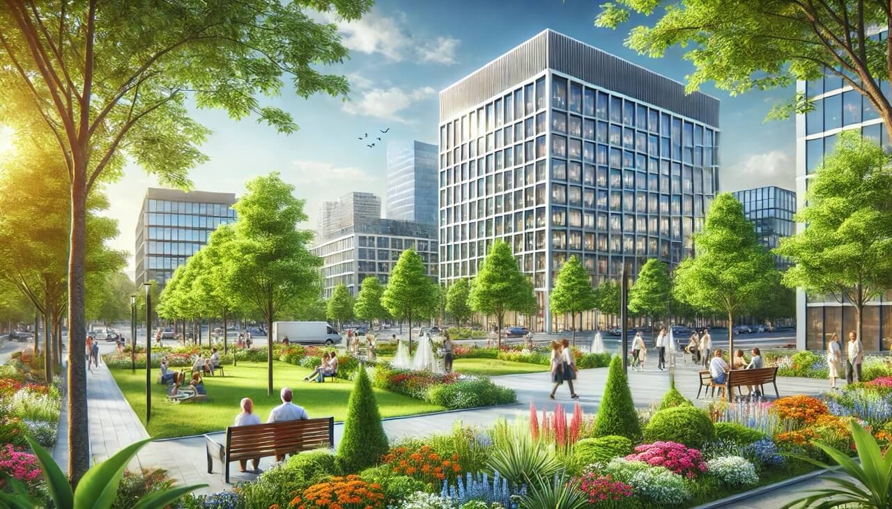 Modern waterside business district with boats docked along the canal, people strolling near glass towers and green-roofed office blocks.