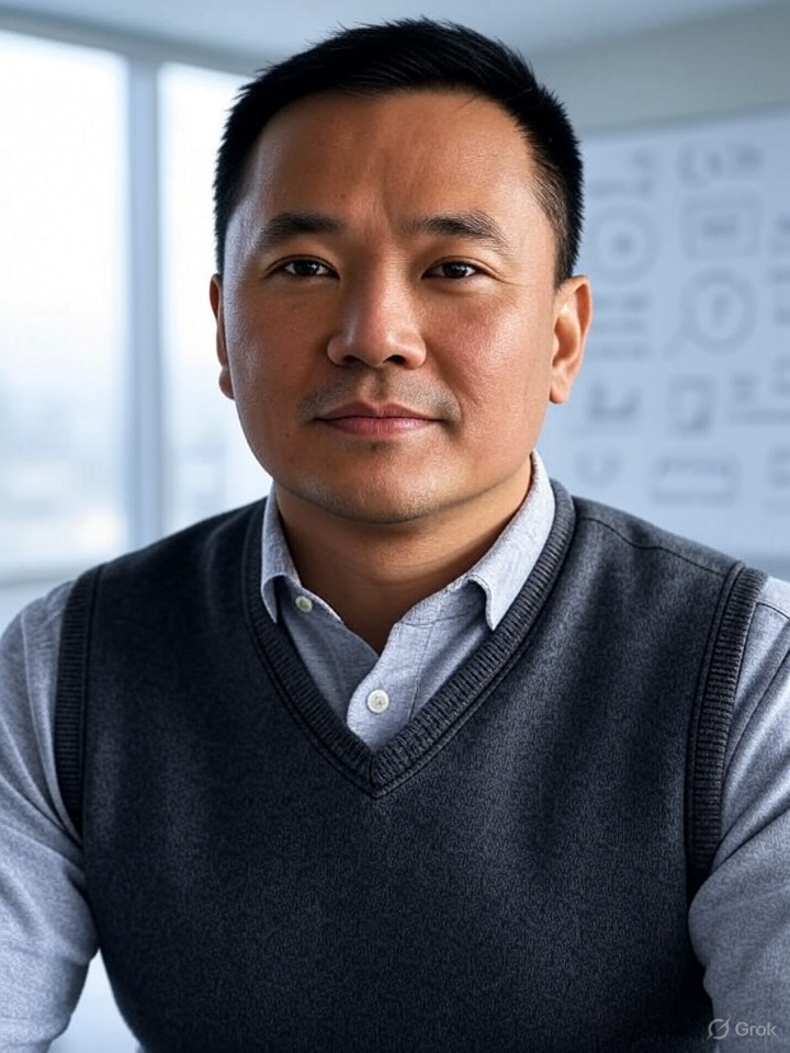 Man with short black hair and neutral expression, wearing a gray button-up shirt and dark sweater vest, seated in a bright office with a blurred whiteboard behind him.