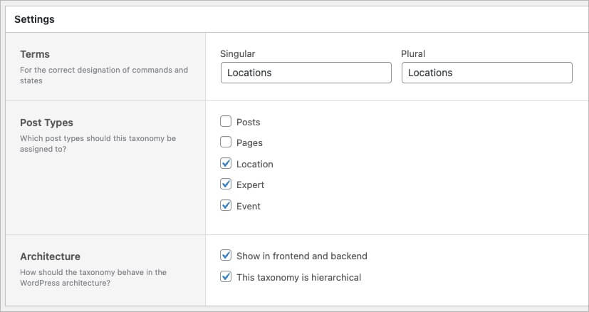 Settings panel for a taxonomy named “Locations” assigned to the post types Location, Expert, and Event. Both frontend/backend visibility and hierarchical structure are enabled. Singular and plural labels are both set to “Locations”.